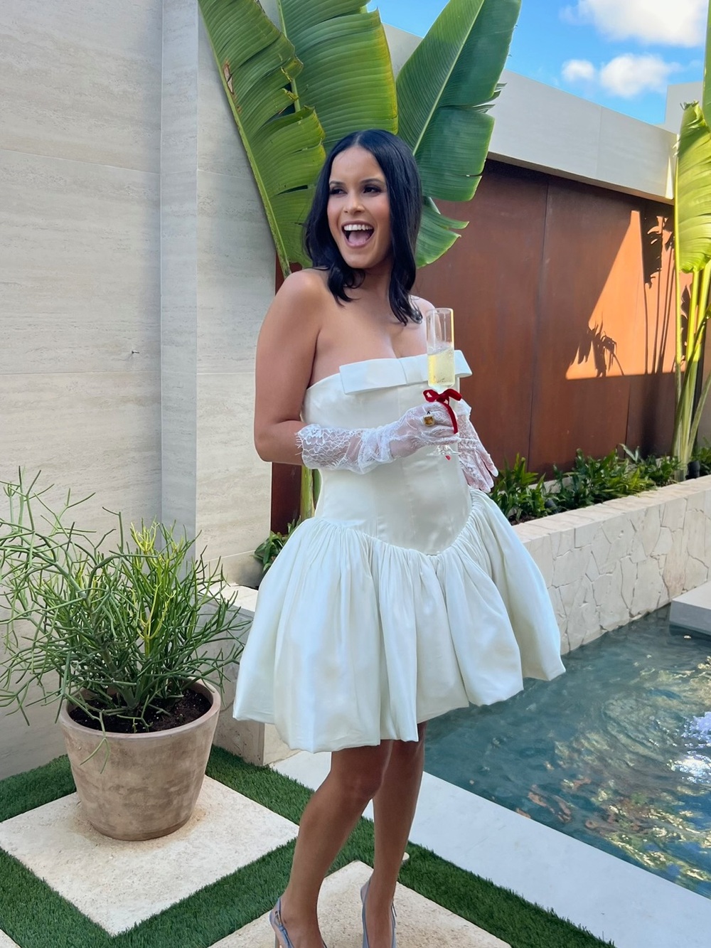 AMUR White Strapless Mini Dress with Lace Gloves